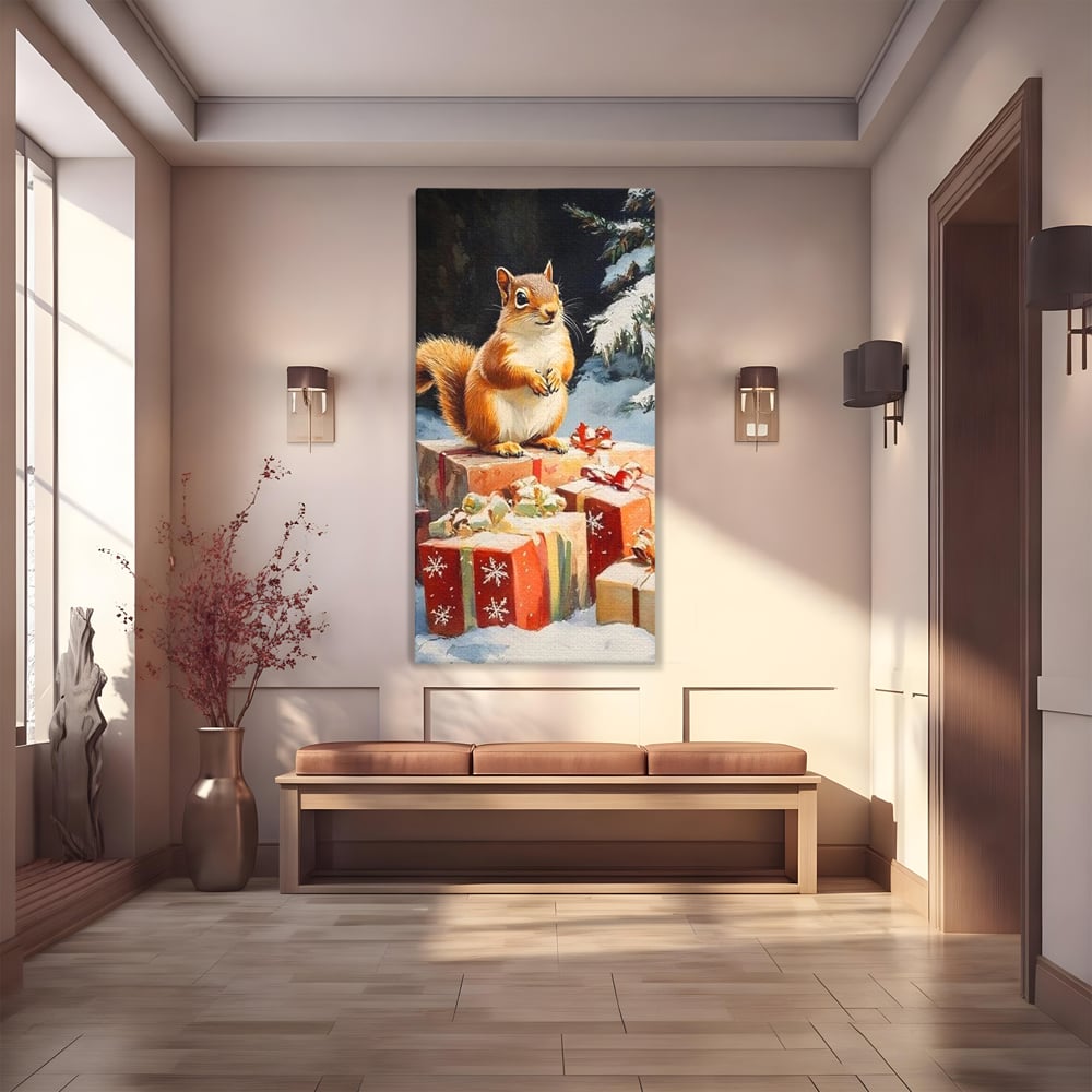 Tablou canvas cu tablou canvas cu veverita si cadouri de iarna, fara rama, pe sasiu de lemn